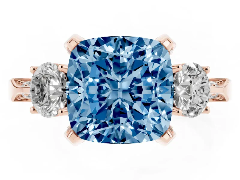 Cushion Cut Hidden Halo Three Stone Engagement Ring Setting for a Fancy Blue Lab-Grown Diamond | Rose Gold