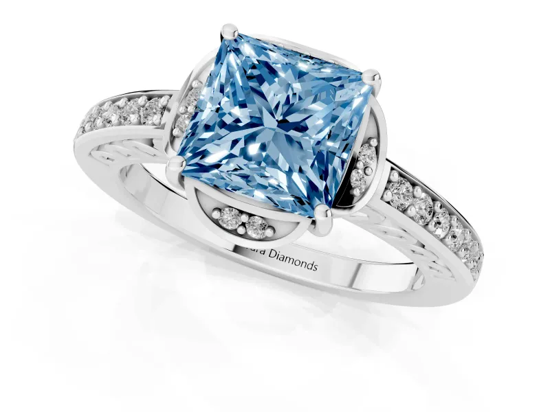 Princess Cut Floral Pavé Engagement Ring Setting for a Fancy Blue Lab-Grown Diamond | White Gold
