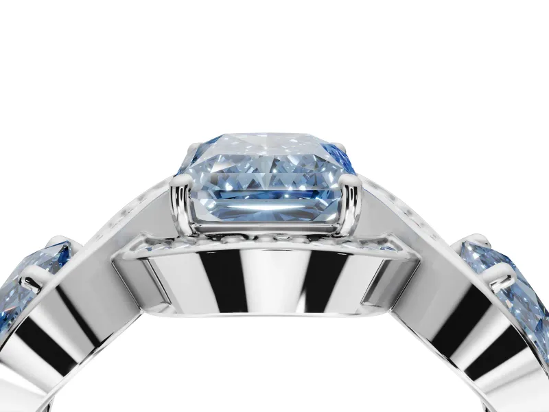 Radiant Cut Three Stone Engagement Ring Setting for a Fancy Blue Lab-Grown Diamond | Pavé Wave Band | Sterling Silver