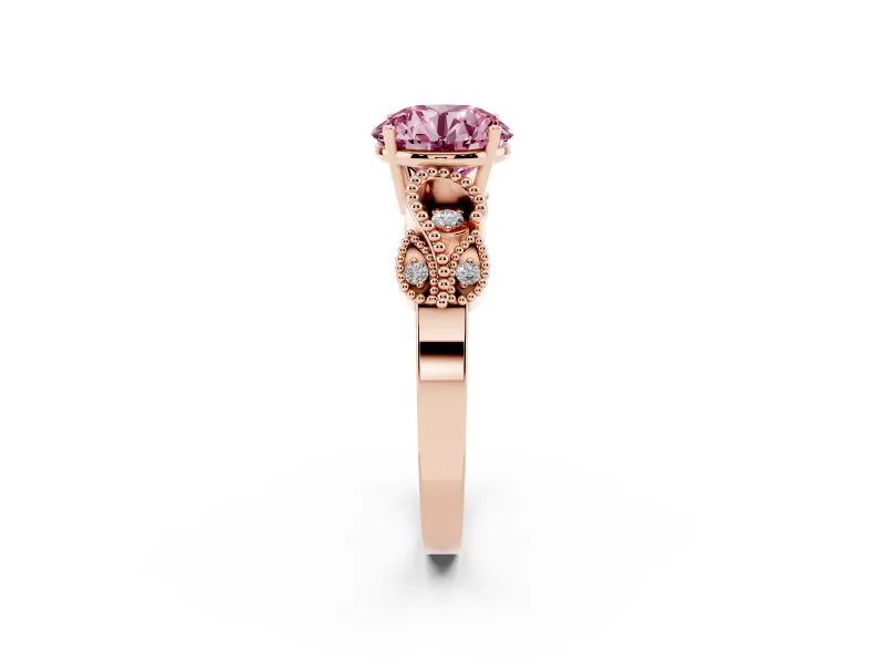 Round Vintage Leaf Solitaire Engagement Ring Setting for a Fancy Pink Lab-Grown Diamond | Rose Gold