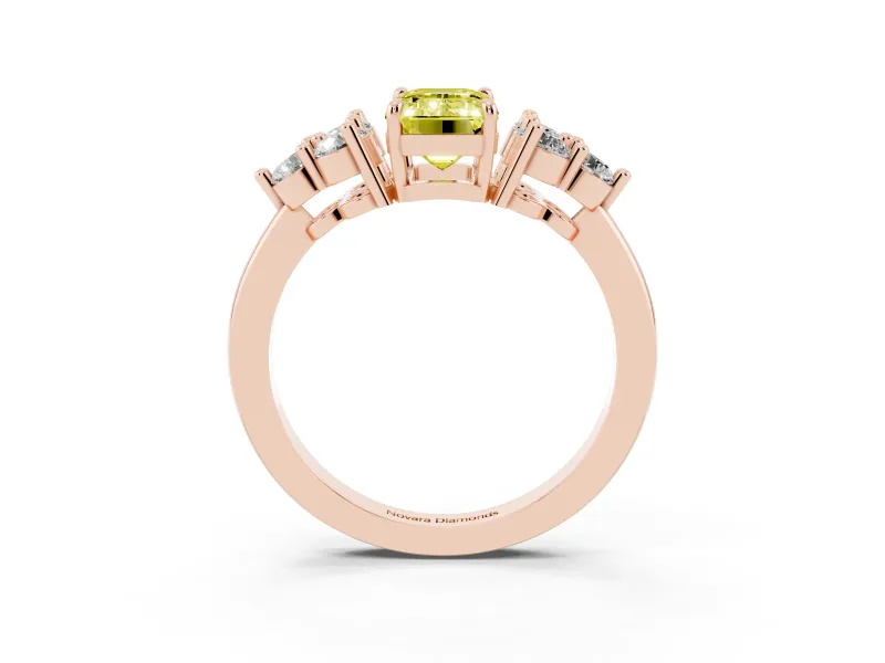 Fancy Yellow Emerald Cut Diamond Solitaire Ring Set in Rose gold with Cluster Accents on Each Side