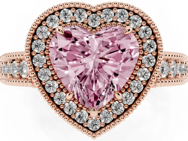 Fancy Pink Heart Cut Diamond Halo Ring Set in Rose gold with Round Accent Halo, Pavé Band and Prong Setting