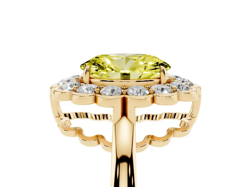 Oval Scalloped Cluster Halo Engagement Ring Setting for a Fancy Yellow Lab-Grown Diamond | Plain Band | Yellow Gold