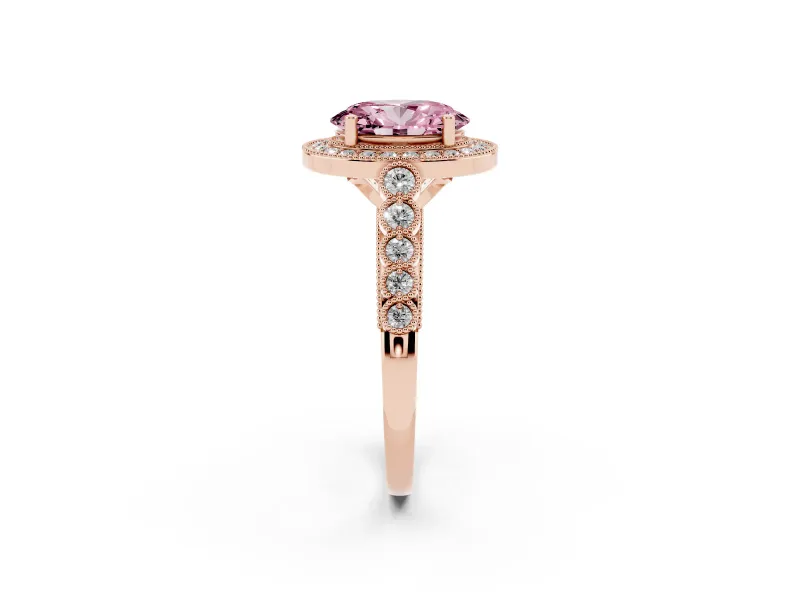 Fancy Pink Oval Cut Diamond Milgrain Halo Solitaire Ring Set in Rose gold with Bezel Set Side Stones and Pavé Band