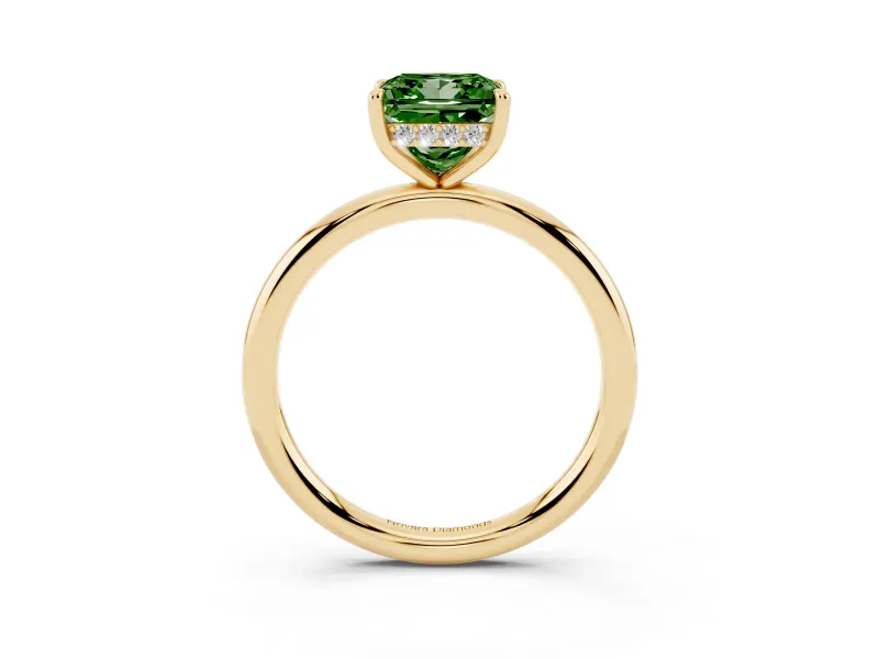 Fancy Green Princess Cut Diamond Solitaire Ring Set in Yellow gold with Thin Band and Prong Setting