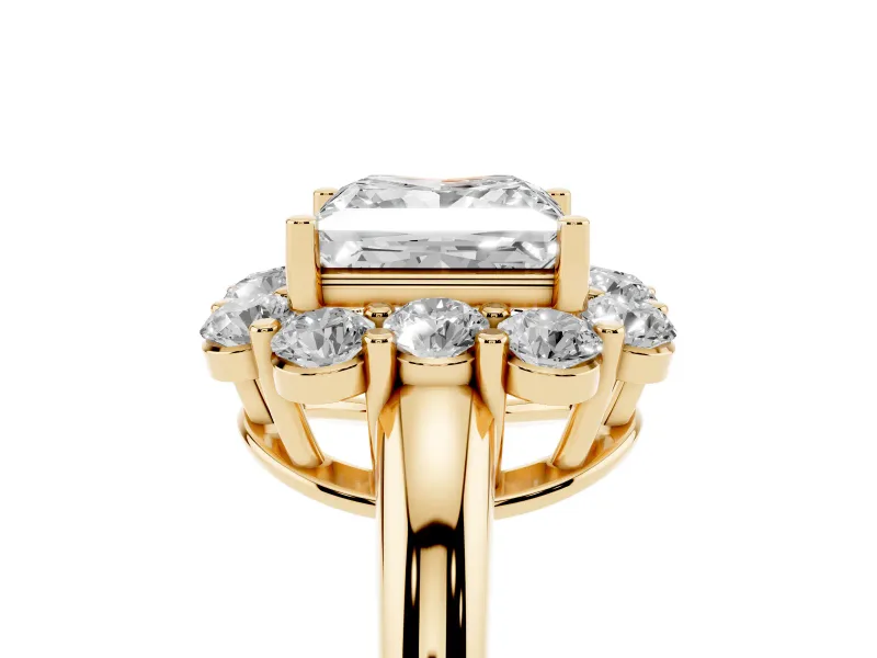 Princess Cut Milgrain Halo Engagement Ring Setting | Graduated Bezel Accents | Yellow Gold