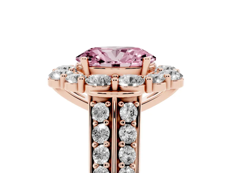 Fancy Pink Oval Cut Diamond Halo Engagement Ring Set in Rose gold with Split Shank and Prong Setting