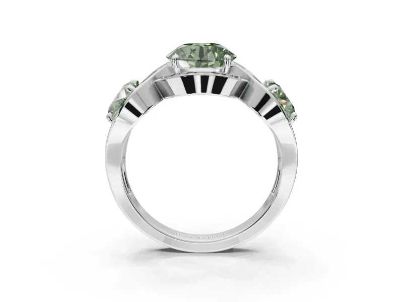 Round Three Stone Halo Engagement Ring Setting for a Fancy Green Lab-Grown Diamond | Pavé Wave Band | Sterling Silver