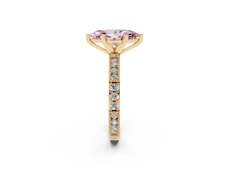 Fancy Pink Marquise Cut Diamond Solitaire Ring Set in Yellow gold with Slim Pavé Band and Prong Setting