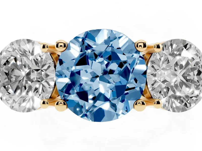 Round Three Stone Engagement Ring Setting for a Fancy Blue Lab-Grown Diamond | Large Round Side Stones | Yellow Gold