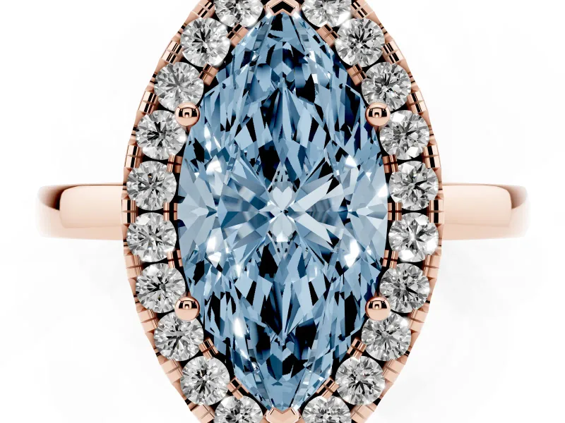 Fancy Blue Marquise Cut Diamond Halo Solitaire Ring Set in Rose gold with Pavé Band and Prong Setting