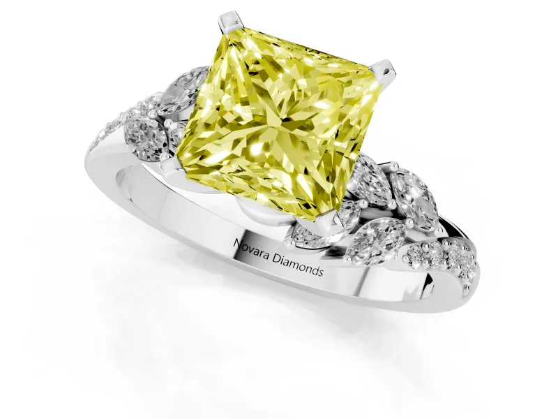 Princess Cut Floral Side Stone Engagement Ring Setting for a Fancy Yellow Lab-Grown Diamond | Sterling Silver