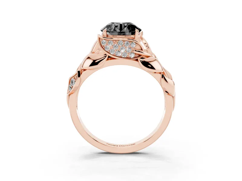Fancy Black Round Cut Diamond Leaf-Inspired Engagement Ring Set in Rose gold with Round Accents