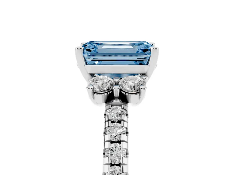 Emerald Cut Side Stone Engagement Ring Setting for a Fancy Blue Lab-Grown Diamond | Pave Band | Sterling Silver