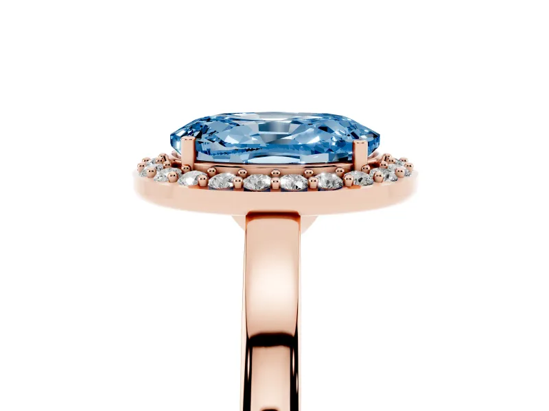 Fancy Blue Oval Cut Diamond Halo Ring Set in Rose gold with Solitaire Band and Prong Setting