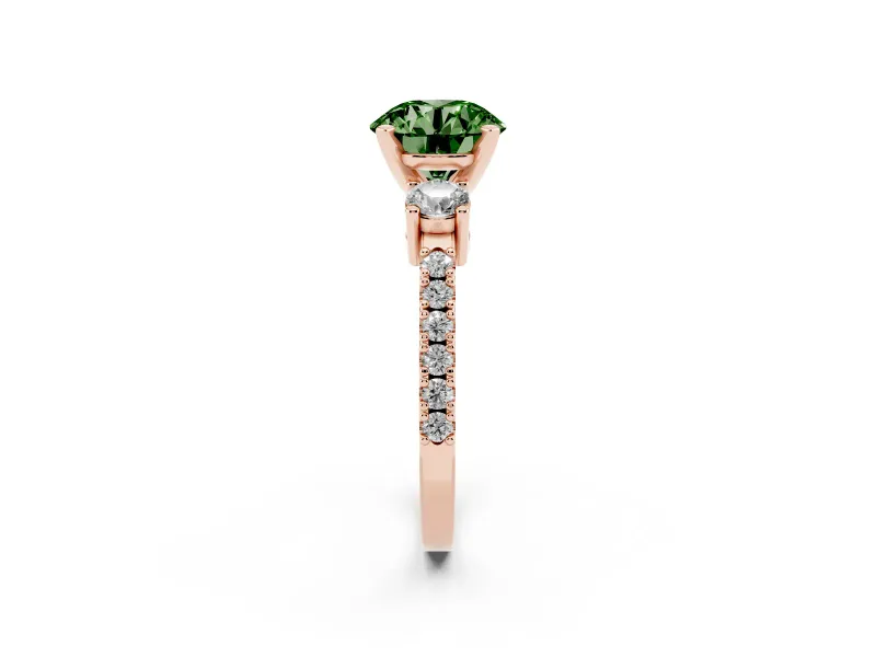 Fancy Green Three-Stone Round Cut Diamond Pavé Band Ring Set in Rose gold with Prong Setting