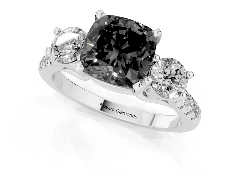 Fancy Black Three-Stone Cushion Cut Diamond Pavé Band Ring Set in White gold with Prong-Set Trio
