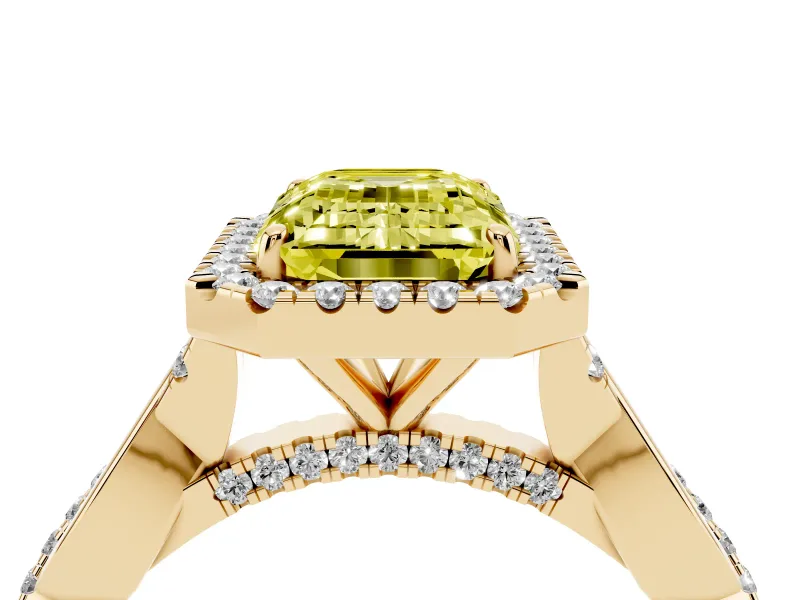 Emerald Cut Twist Halo Engagement Ring Setting for a Fancy Yellow Lab-Grown Diamond | Yellow Gold