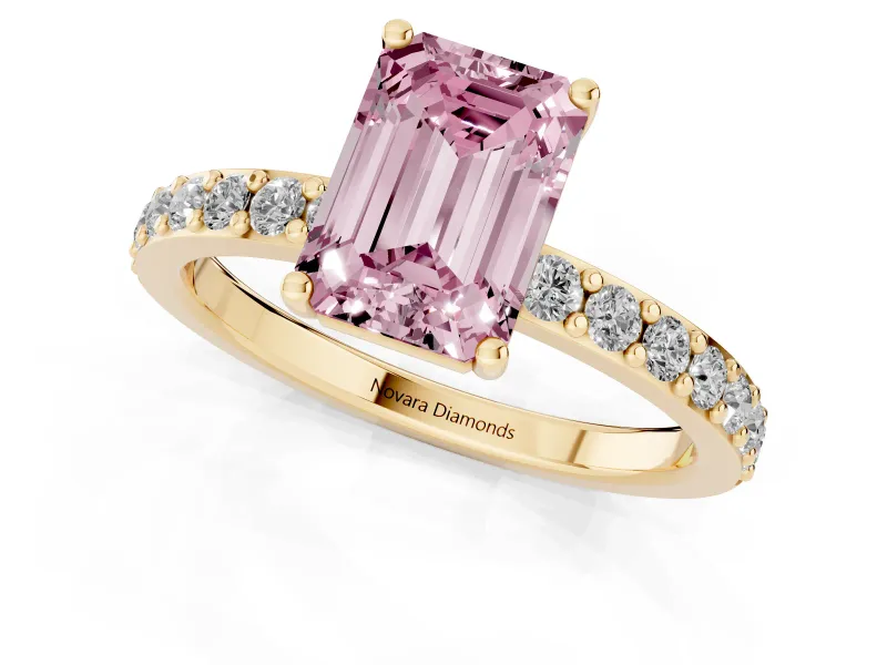 Fancy Pink Emerald Cut Diamond Solitaire Set in Yellow gold with Round Pavé Band and Prong Setting