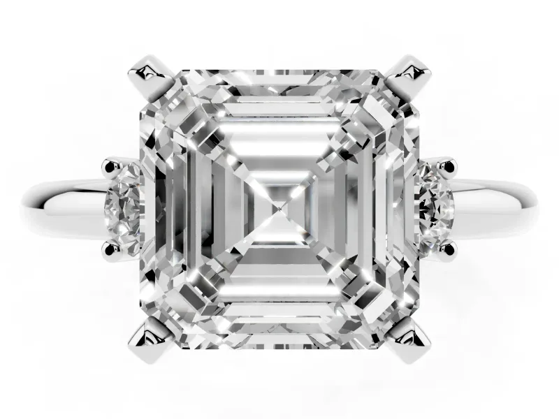 Three-Stone Asscher Cut Diamond Ring Set in Platinum with Prong Setting and Plain Band
