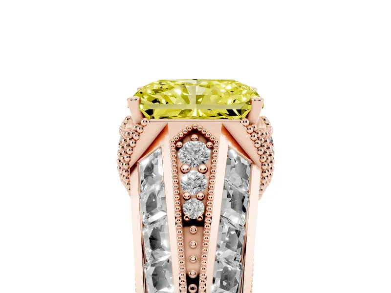 Fancy Yellow Radiant Cut Diamond Vintage-Inspired Milgrain Ring Set in Rose gold with Accent Split Shank