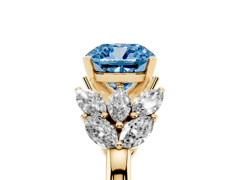 Cushion Cut Leaf Cluster Engagement Ring Setting for a Fancy Blue Lab-Grown Diamond | Yellow Gold