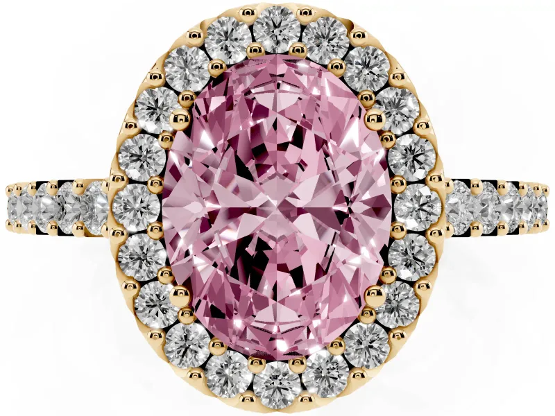 Fancy Pink Oval Cut Diamond Halo Pavé Solitaire Ring Set in Yellow gold with Prong-Set Center Stone