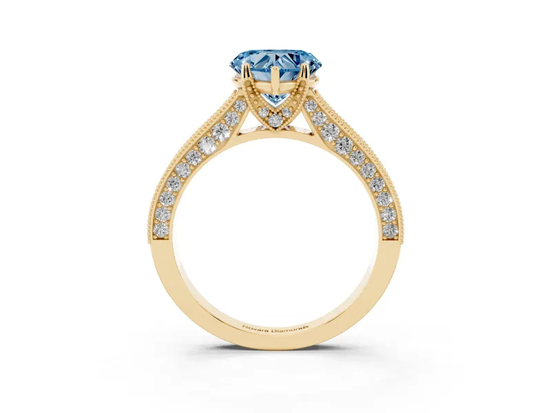 Heart-Shaped Hidden Halo Engagement Ring Setting for a Fancy Blue Lab-Grown Diamond | Milgrain Pave | Yellow Gold