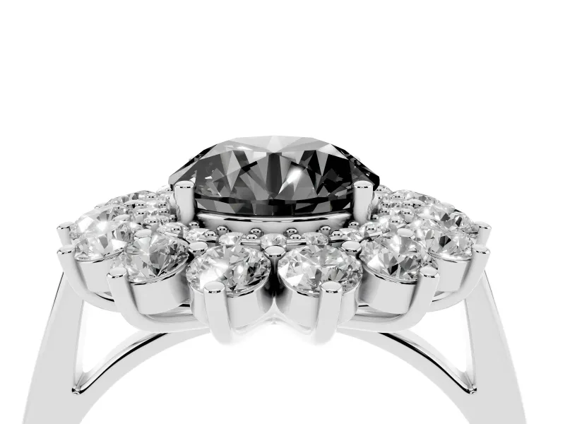 Round Floral Double Halo Engagement Ring Setting for a Black Center | Plain Band | White Gold