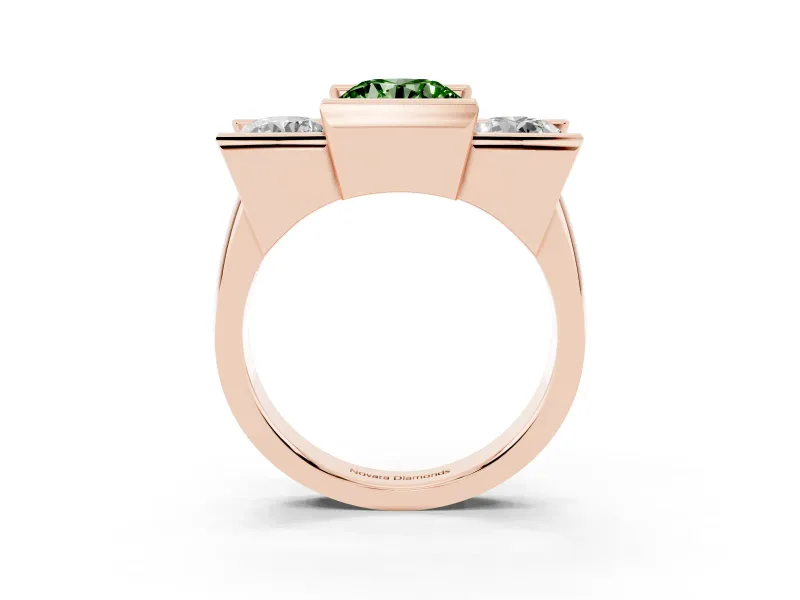 Round Channel-Set Three Stone Engagement Ring Setting for a Fancy Green Lab-Grown Diamond | Wide Flat Band | Rose Gold