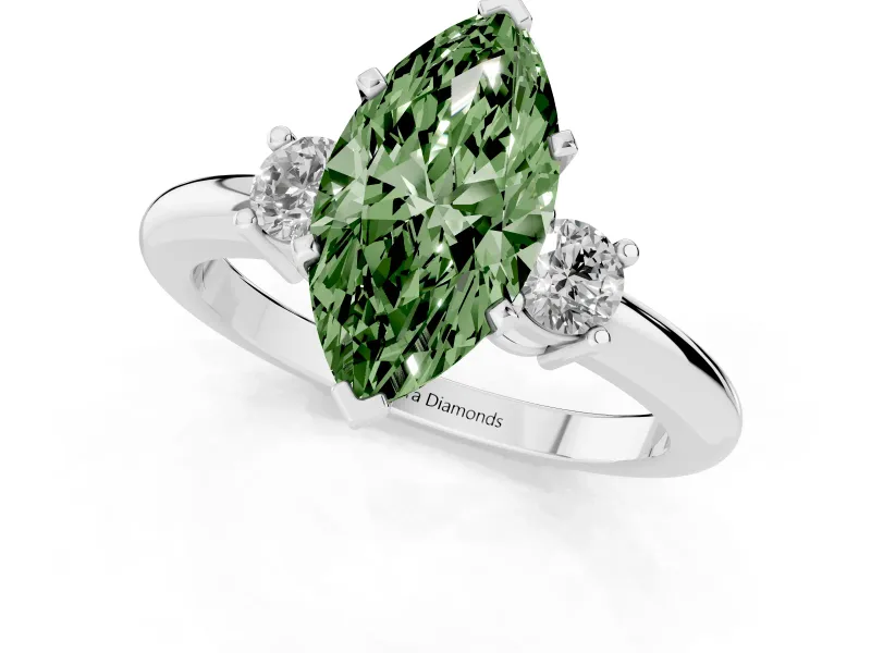 Fancy Green Three-Stone Marquise Cut Diamond Ring Set in Silver with Prong Setting and Plain Band