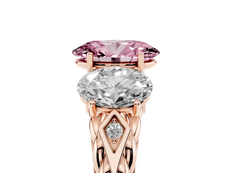 Fancy Pink Oval Cut Diamond Three-Stone Ring Set in Rose gold with Braided Band