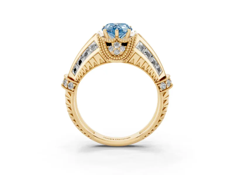 Fancy Blue Pear Cut Diamond Vintage-Inspired Milgrain Ring Set in Yellow gold with Accent Split Shank