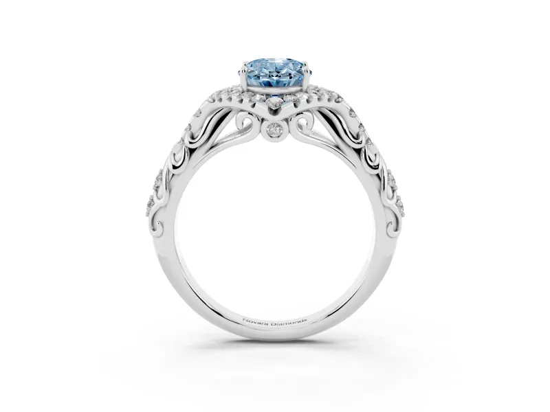 Oval Hidden Halo Filigree Engagement Ring Setting for a Fancy Blue Lab-Grown Diamond | White Gold