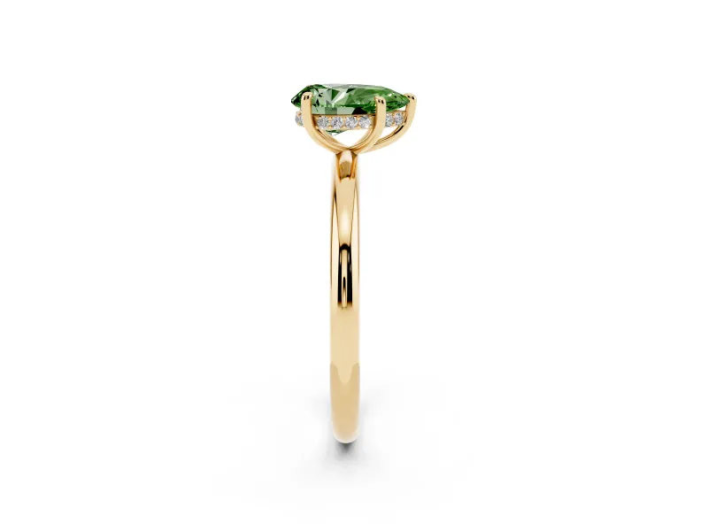 Fancy Green Pear Cut Diamond Solitaire Ring Set in Yellow gold with Thin Band and Prong Setting