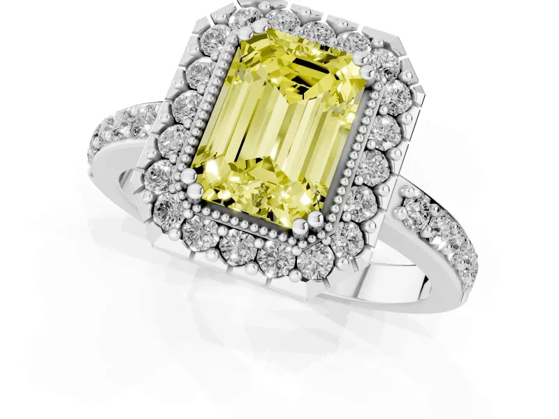 Emerald Cut Milgrain Halo Engagement Ring Setting for a Fancy Yellow Lab-Grown Diamond | Pavé Shoulders | White Gold