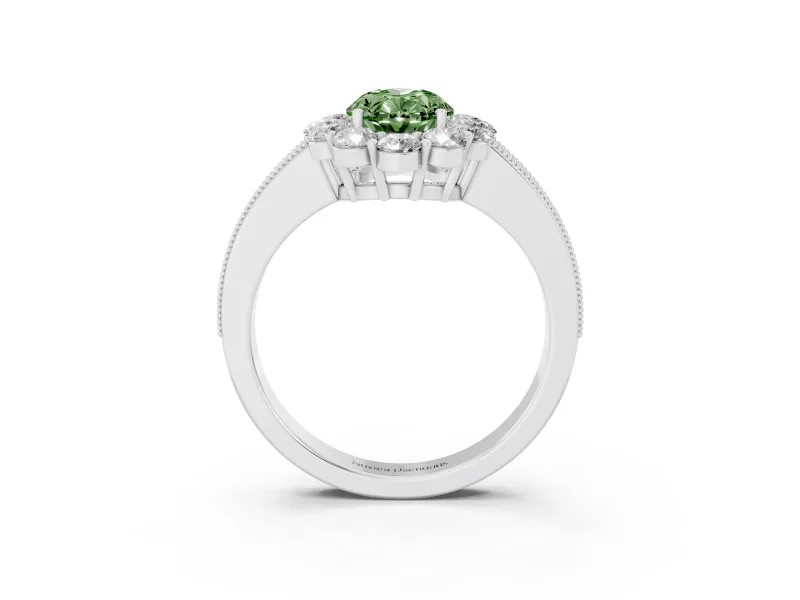 Oval Vintage Halo Engagement Ring Setting for a Fancy Green Lab-Grown Diamond | Milgrain Channel Band | Sterling Silver