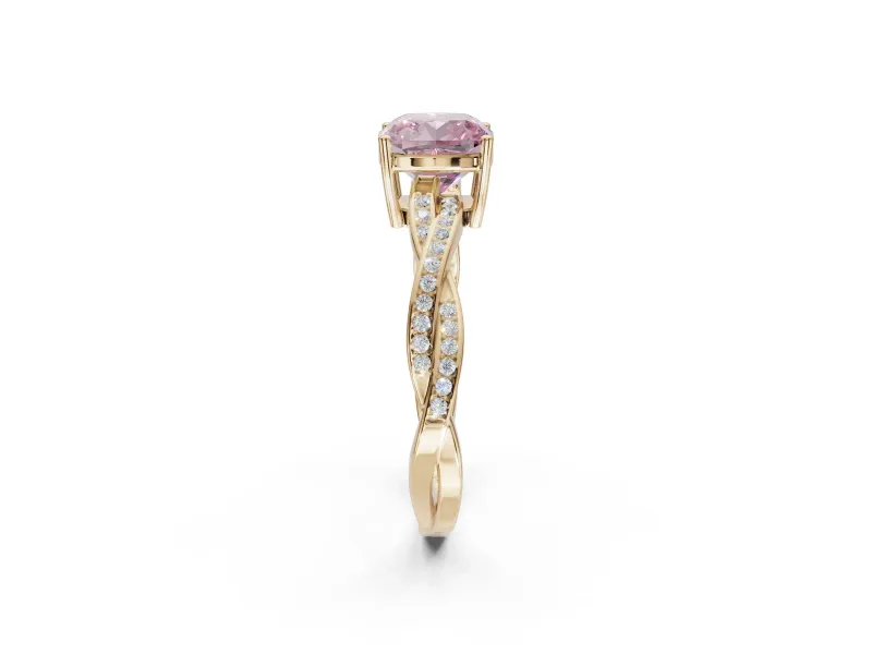 Cushion Cut Twisted Pavé Solitaire Engagement Ring Setting for a Fancy Pink Lab-Grown Diamond | Yellow Gold