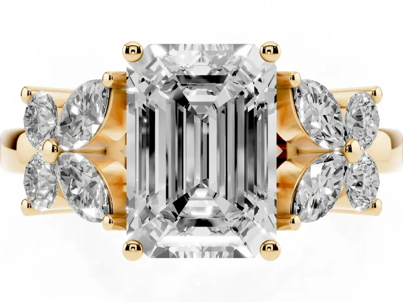 Emerald Cut Floral Side Stone Engagement Ring Setting | Marquise Petals | Yellow Gold