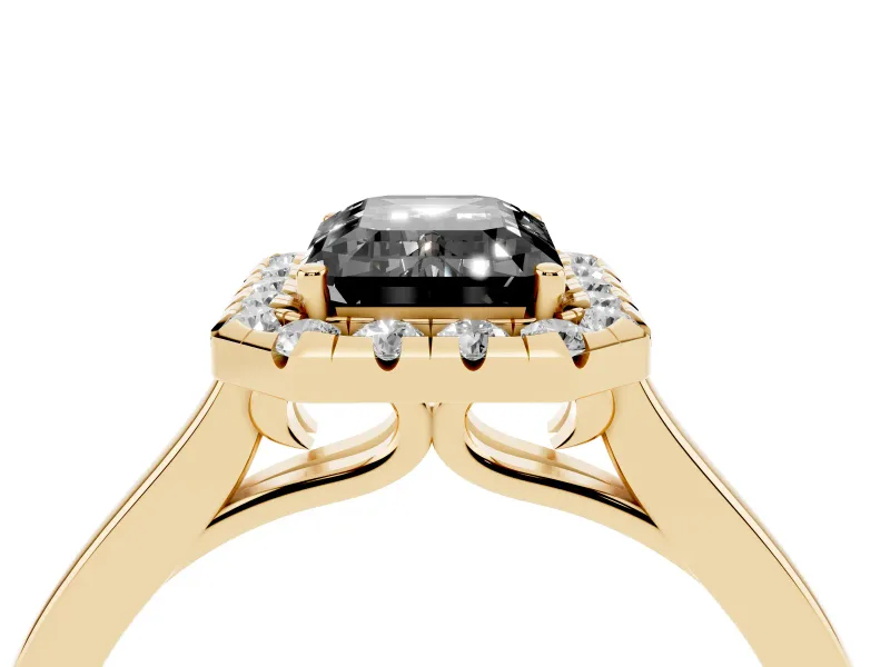 Fancy Black Emerald Cut Halo Round Diamond Solitaire Ring Set in Yellow gold with Pavé Band and Prong Setting