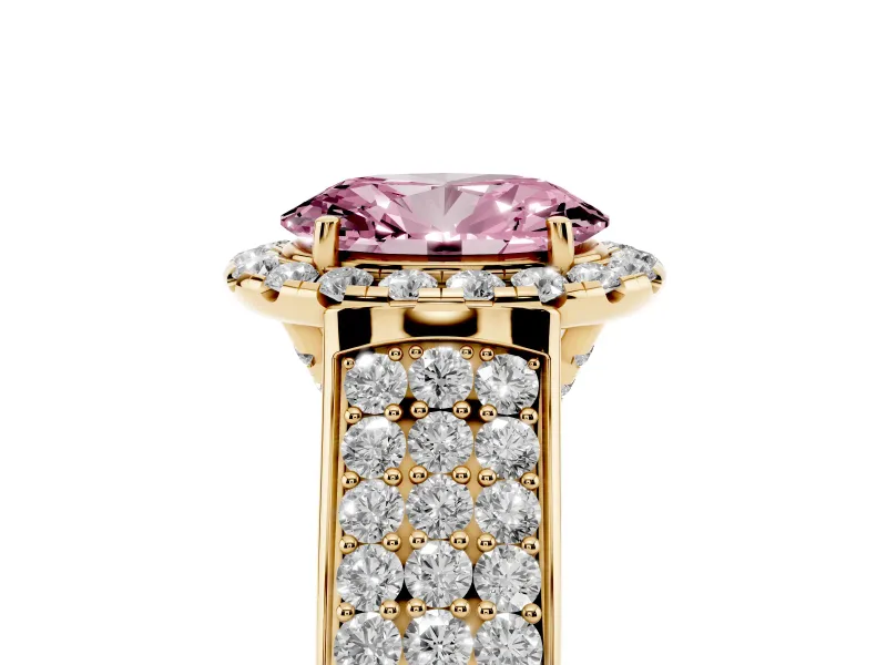Fancy Pink Oval Cut Diamond Halo Ring Set in Yellow gold with Pavé Band and Raised Center Setting