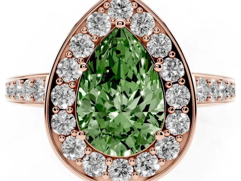 Fancy Green Pear Cut Diamond Halo Pavé Engagement Ring Set in Rose gold with Bezel Setting