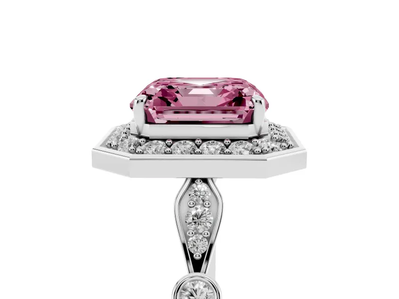Asscher Cut Halo Engagement Ring Setting for a Fancy Pink Lab-Grown Diamond | Bezel Station Shoulders | White Gold