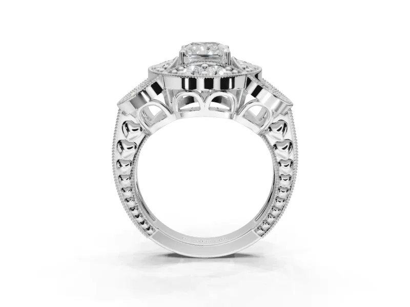 Radiant Cut Vintage Floral Halo Engagement Ring Setting | Engraved Milgrain Band | White Gold