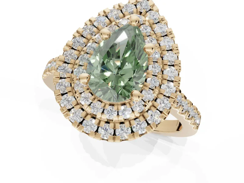 Pear-Shaped Double Halo Engagement Ring Setting for a Fancy Green Lab-Grown Diamond | Yellow Gold