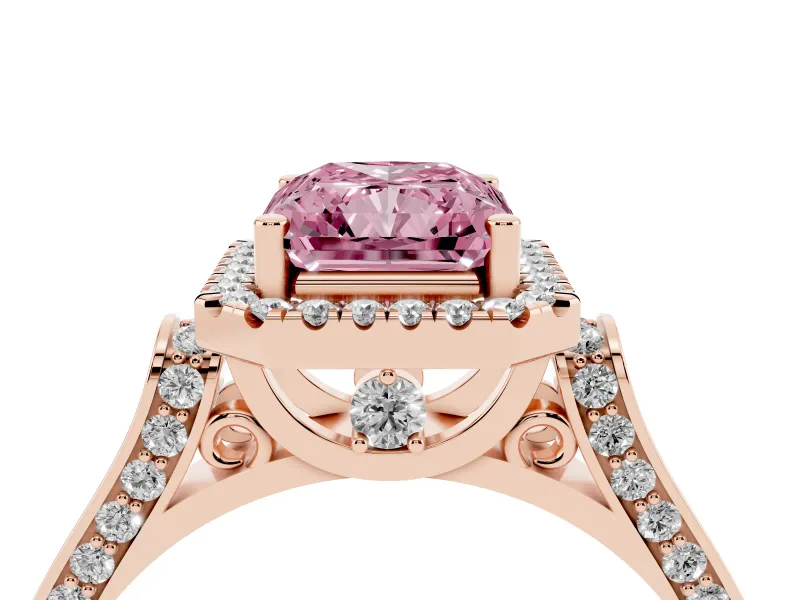 Fancy Pink Radiant Cut Diamond Halo Ring Set in Rose gold with Pavé-Lined Split Shank Band