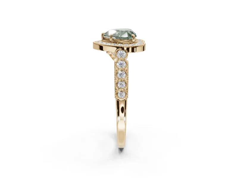 Heart-Shaped Graduated Milgrain Halo Engagement Ring Setting for a Fancy Green Lab-Grown Diamond | Yellow Gold