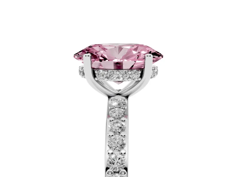 Fancy Pink Oval Cut Diamond Pavé Band Ring Set in White gold with Prong-Set Center Stone