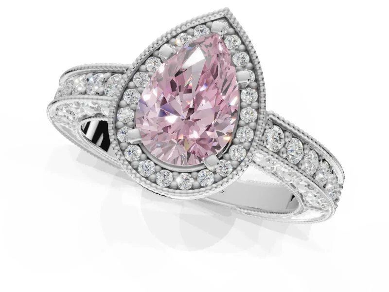 Pear-Shaped Milgrain Halo Engagement Ring Setting for a Fancy Pink Lab-Grown Diamond | Wide Pavé Band | Sterling Silver