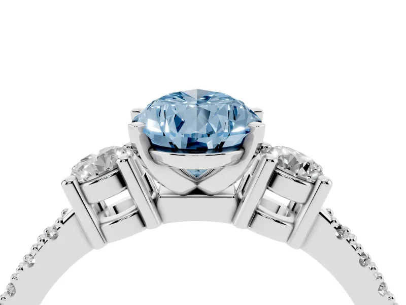 Fancy Blue Three-Stone Pear Cut Diamond Pavé Band Ring Set in Platinum with Prong Setting